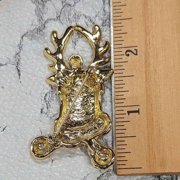 Vintage Gold-Tone Reindeer Brooch Pin With Scarf and Pom-Poms By AJC - Picture 3 of 3